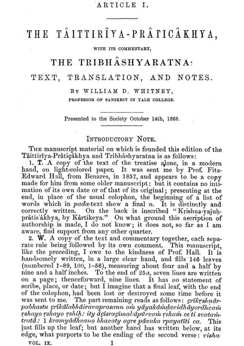 The Taittiriya-Praticakhya And Tribhashyaratna - Indya