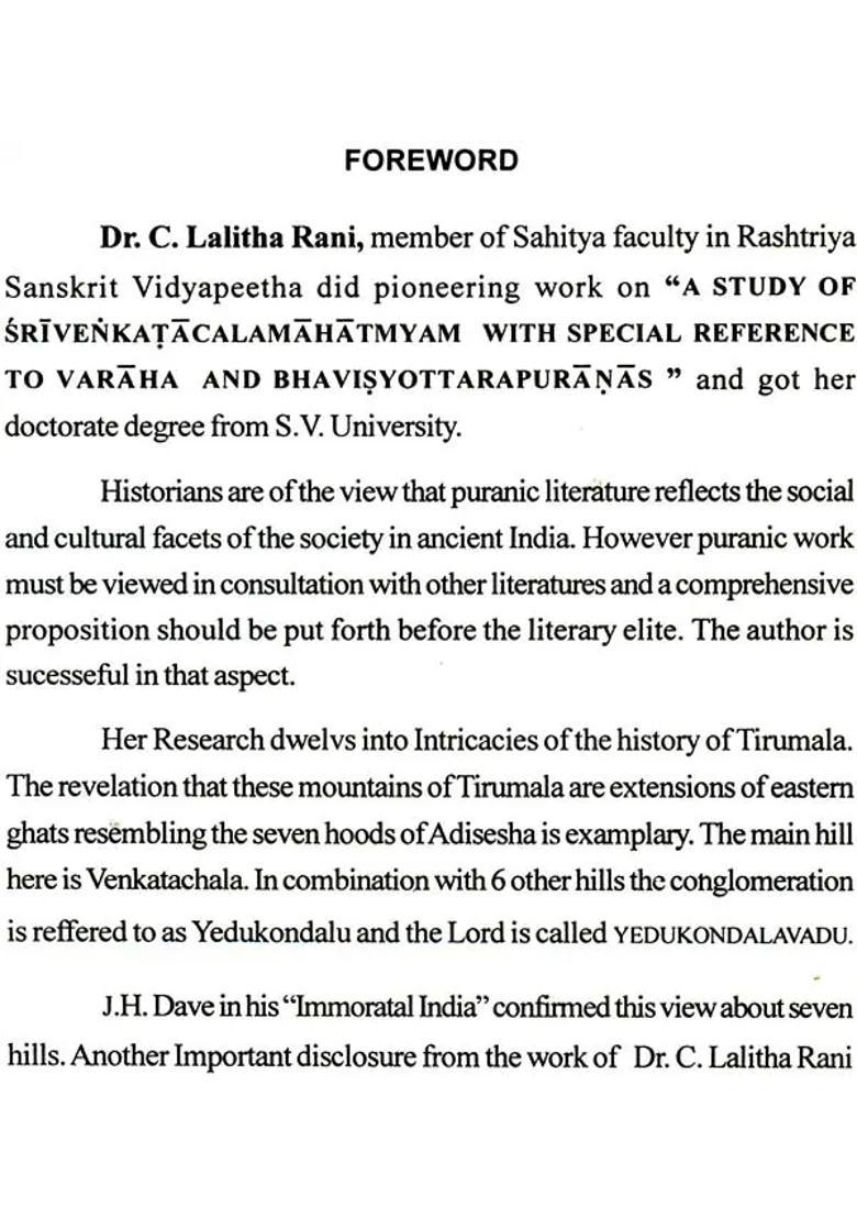 A Study Of Sri Venkatacala Mahatmyam With Special Reference To Varaha And Bhavisyottara Puranas - Indya