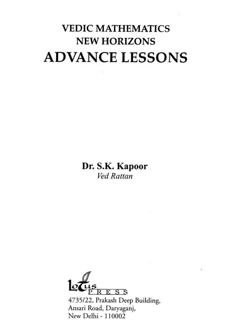 Vedic Mathematics New Horizons Advance Lessons - Indya