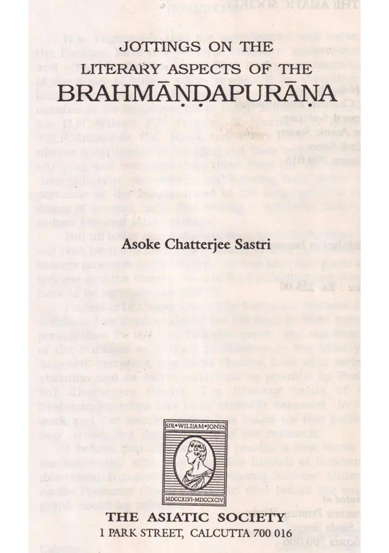Jottings On The Literary- Aspect Of The Brahmandapurana An Old And Rare Book - Indya