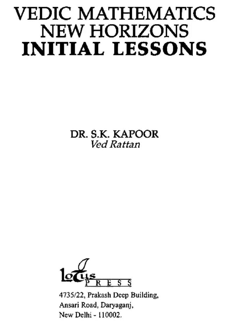 Vedic Mathematics New Horizons Initial Lessons - Indya