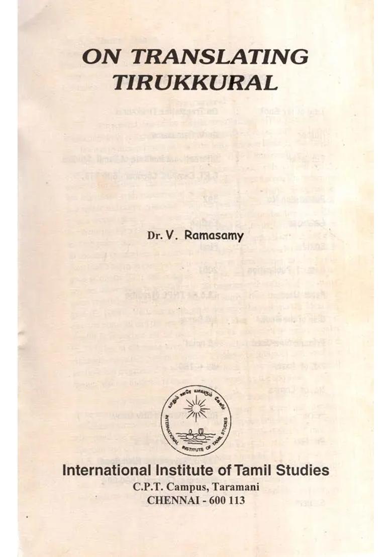 On Translating Tirukkural An Old And Rare Book - Indya