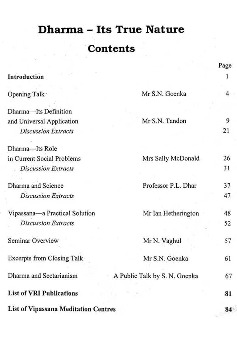 Dharma - Its True Nature An International Seminar May 1995 Dhamma Giri Igatpuri - Indya