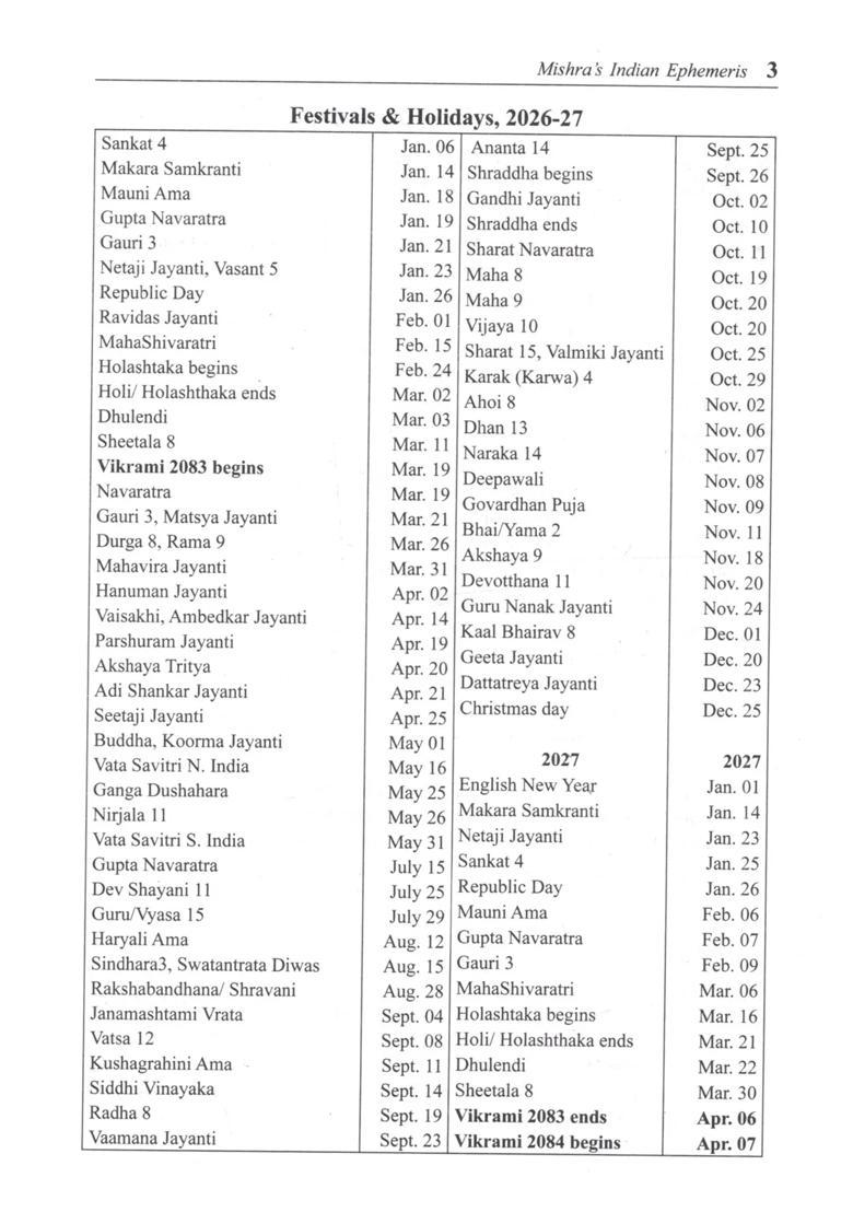 2083 Indian Ephemeris And Panchangam For Entire India With Full Panchanga 2026-27 .D. Vikram Samvat 2083 Shaka 1948 - Indya