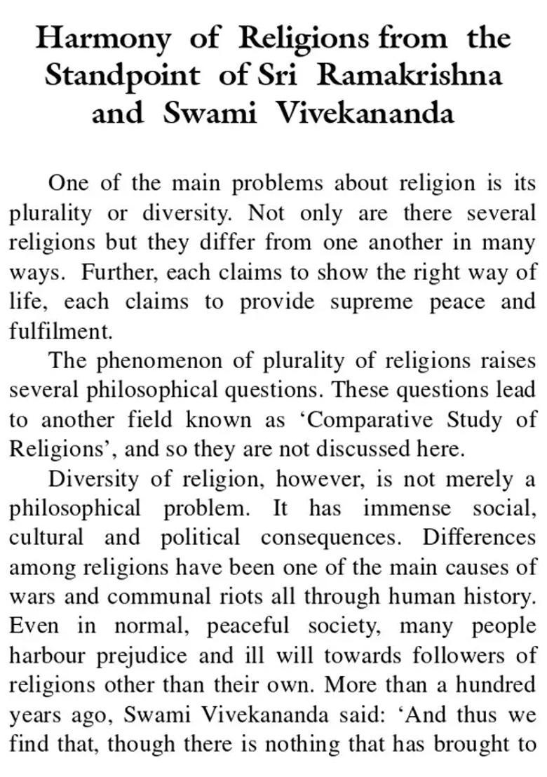 Harmony Of Religions From The Standpoint Of Sri Ramakrishna And Swami Vivekananda - Indya