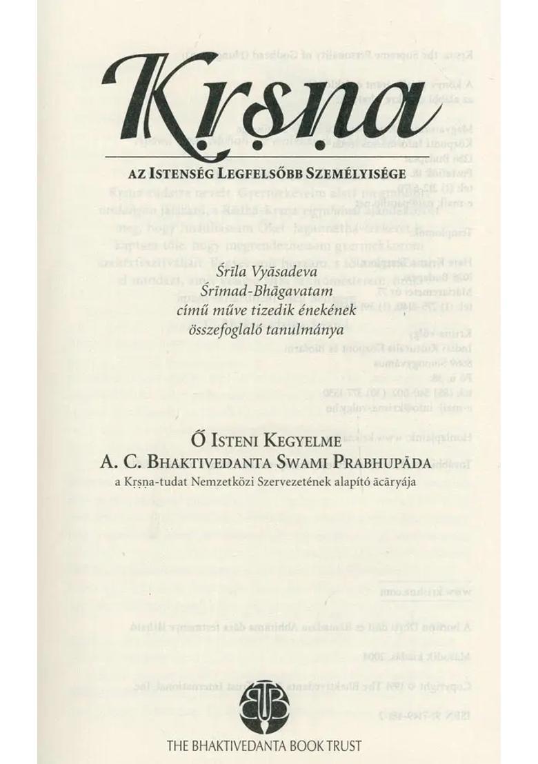 Krsna Az Istens G Legfels Bb Szem Lyis Ge- Krsna The Supreme Personality Of Godhead A Summary Study Of The Tenth Canto Of Srila Vyasadeva