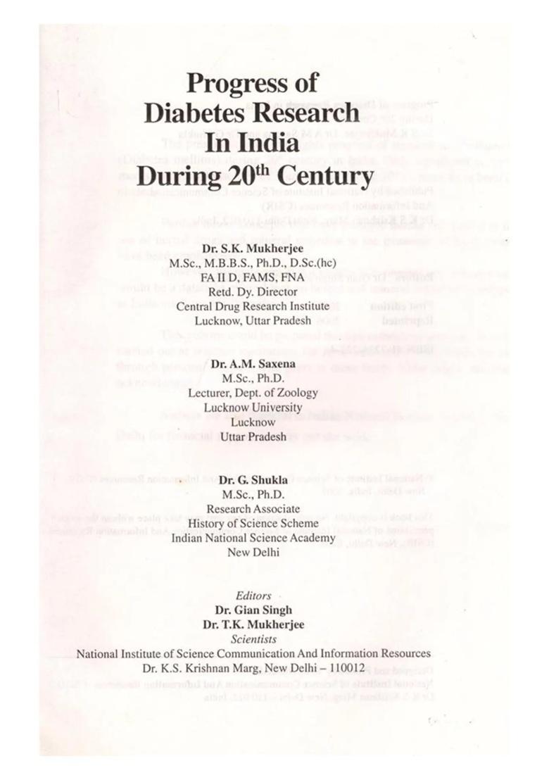 Progress of Diabetes Research in India During 20th Century - Indya
