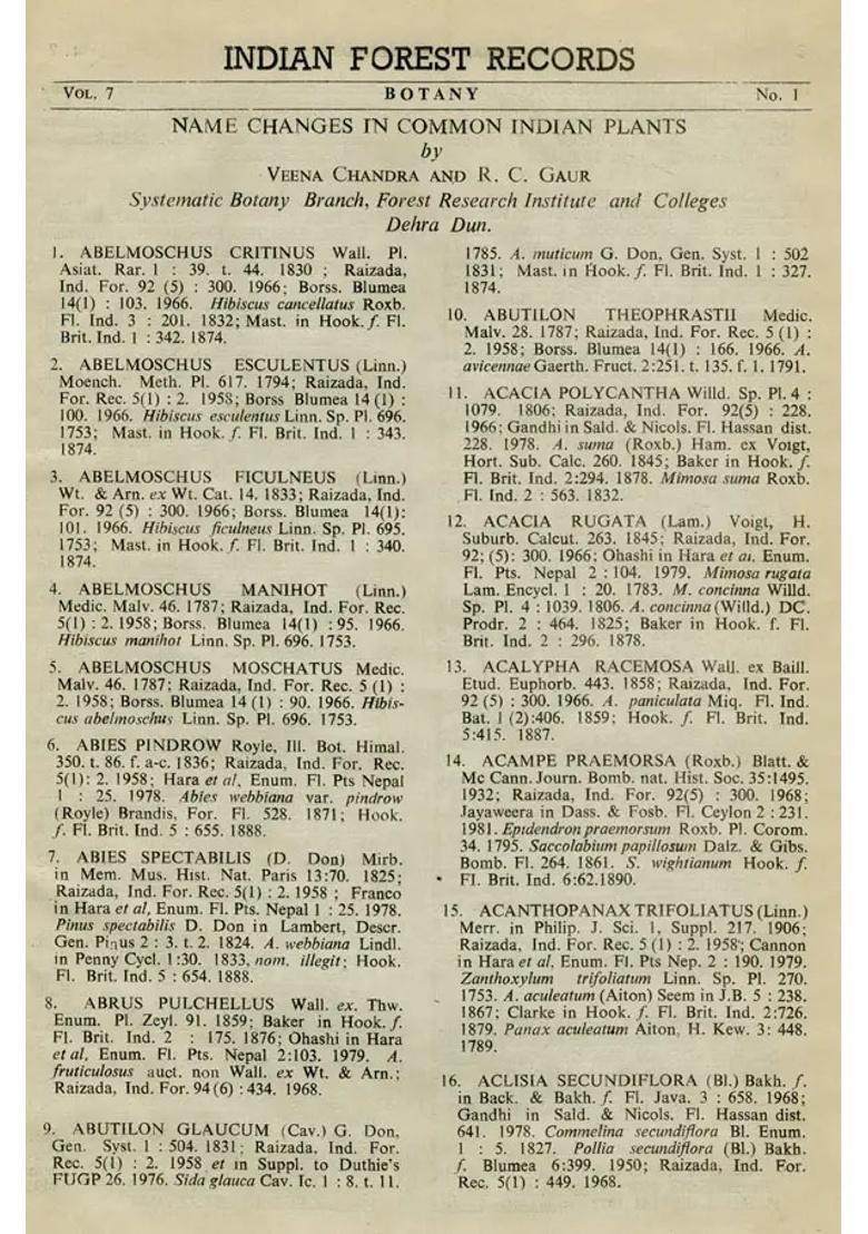 Name Changes In Common Indian Plants Forest Records Botany Vol-7 (An Old and Rare Book) - Indya