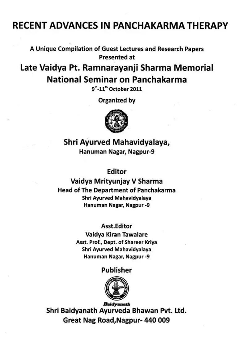 Recent Advances in Panchakarma Therapy A Unique Compilation of Guest Lectures and Research Papers Presented at Late Vaidya Pt Ramnarayanji Sharma Memorial National Seminar on - Indya