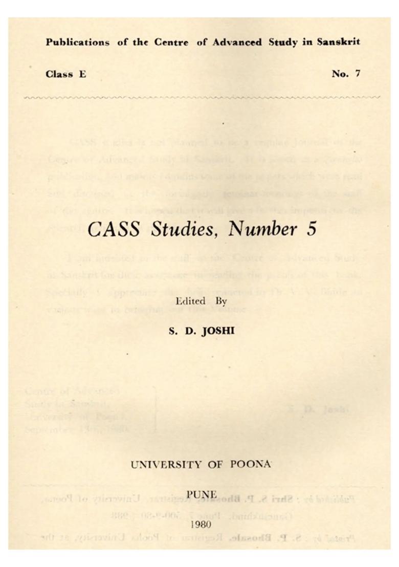Cass Studies Number Including Articles On Female Divinities Visavis Matrimonial Rites And Samadhi In Patanjali Yoga Sutras An Old And Rare Book - Indya