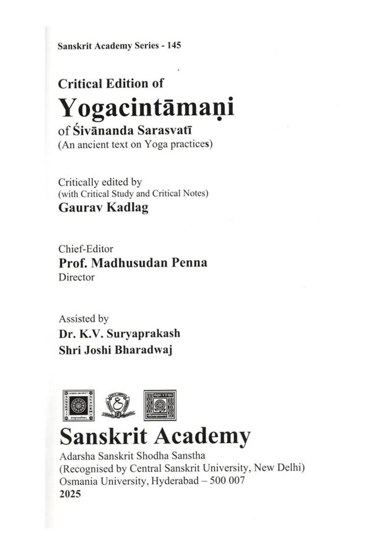 Critical Edition Of Yogacintamani Of Sivananda Sarasvati An Ancient Text On Yoga Practices - Indya