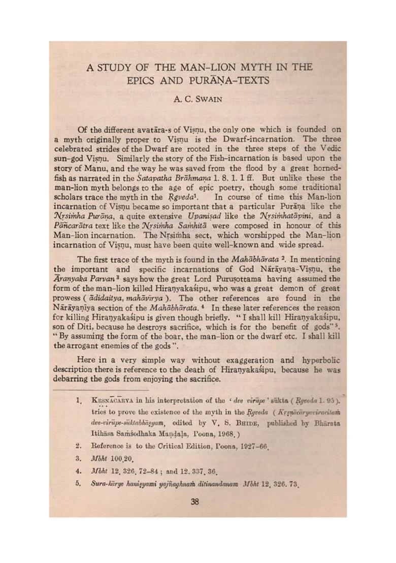 A Study of the Man-Lion Myth in the Epics and Purana-Texts (An Old and Rare Book) - Indya