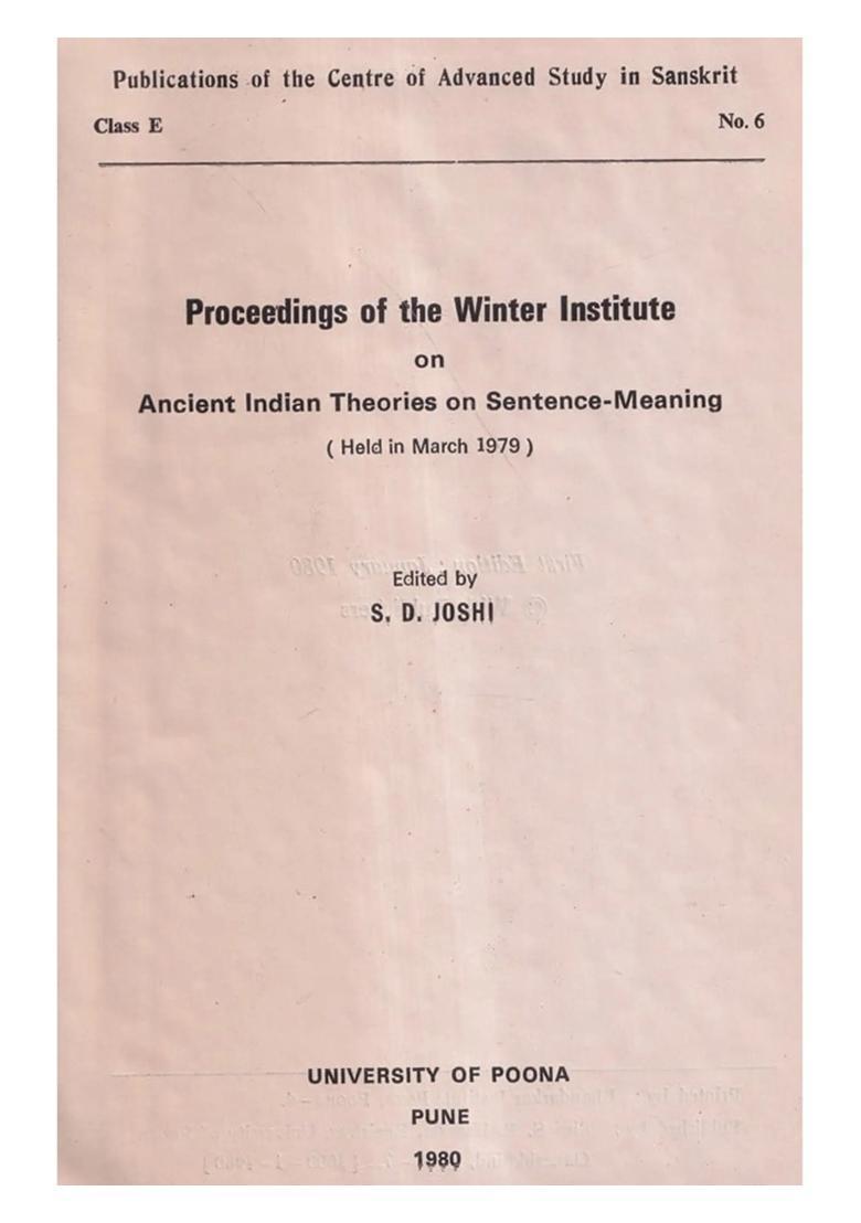 Ancient Indian Theories on Sentence Meaning (An Old and Rare Book) - Indya