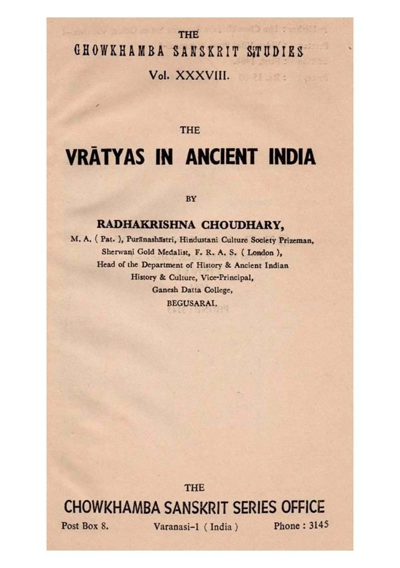 The Vratyas in Ancient India (An Old and Rare Book) - Indya