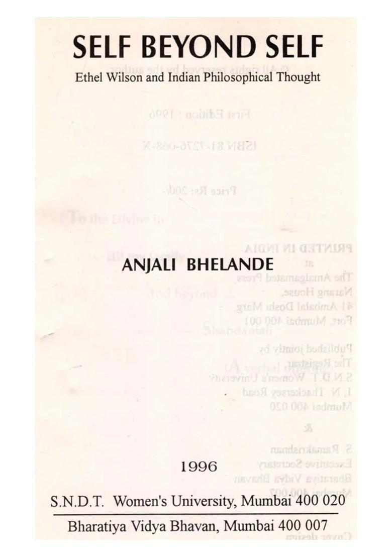 Self Beyond Self- Ethel Wilson and Indian Philosophical Thought (An Old and Rare Book) - Indya