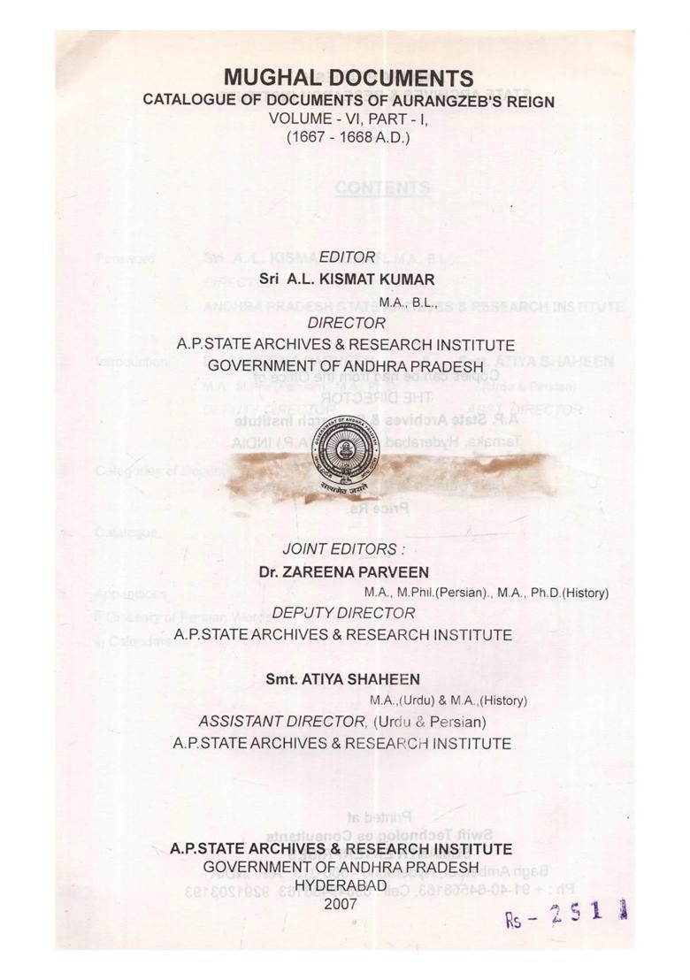 Mughal Documents: Catalogue of Documents of Aurangzeb