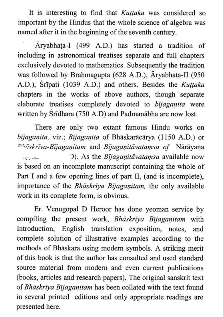 Bhaskariya Bijaganitam (With Introduction, English Translation, Explanation And Notes By Venugopal. D Heroor) - Indya