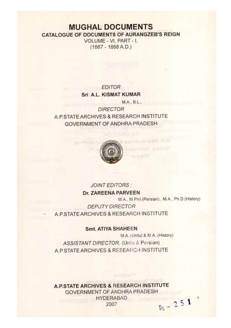 Mughal Documents Catalogue of Aurangzeb