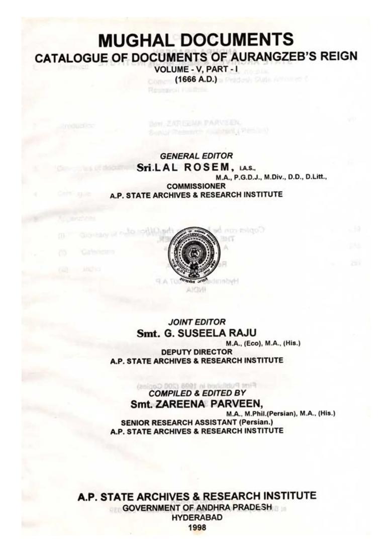 Mughal Documents Catalogue of Aurangzeb