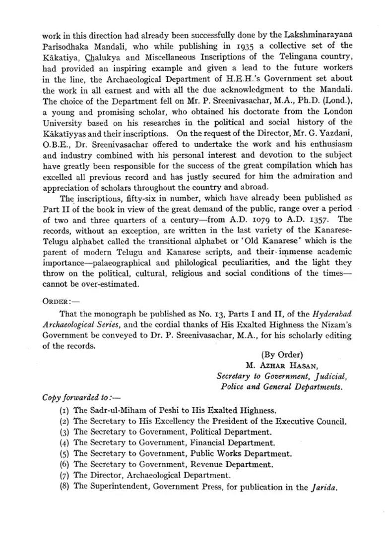 A Corpus of Inscriptions in the Telingana (Telangana) Districts of H.E.H the Nizam