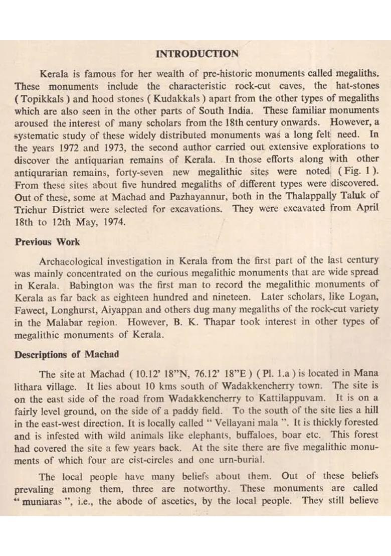 Megaliths At Machad And Pazhayannur, Talppally Taluka, Trichur District, Kerala State - A Report of the Excavations Conducted From 18th April to 12th May 1974 (An Old And Rare Book) - Indya