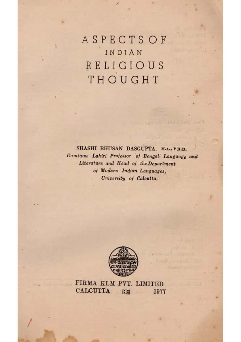 Aspects of Indian Religious Thought (An Old and Rare Book) - Indya