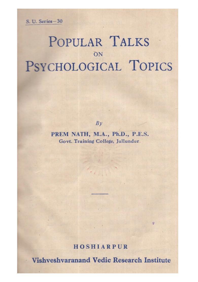Popular Talks on Psychological Topics (An Old and Rare Book) - Indya