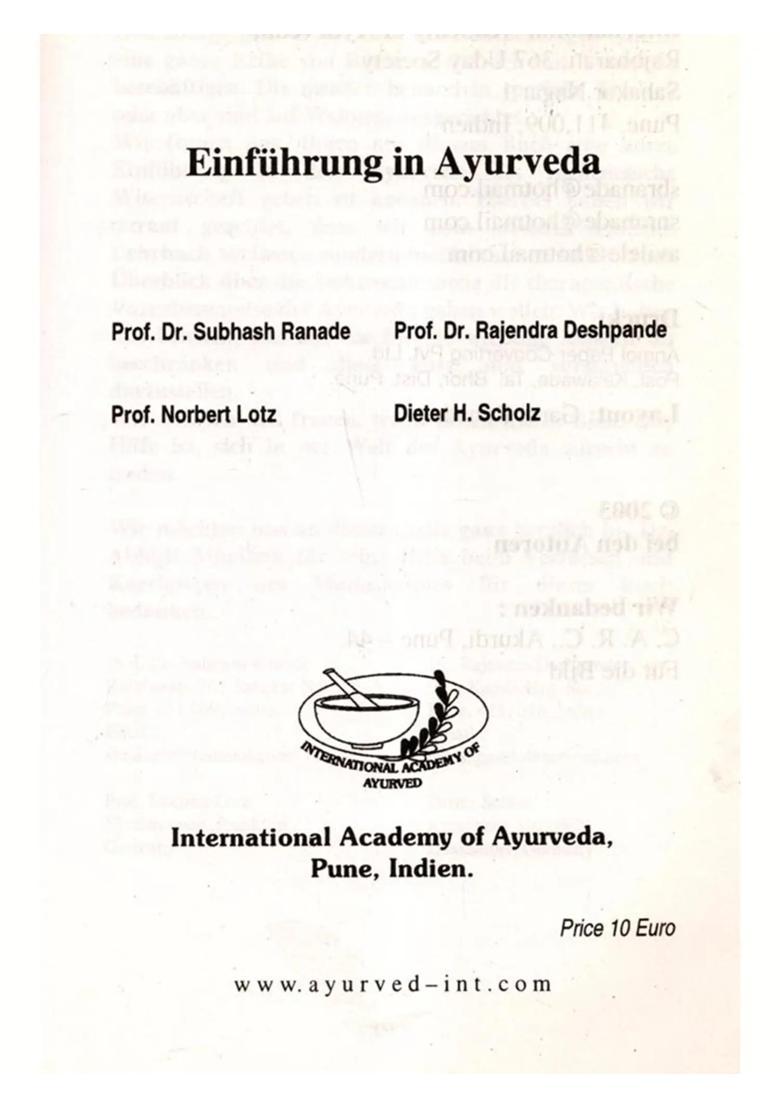 Einfuhrung in Ayurveda (An Old and Rare Book in German) - Indya