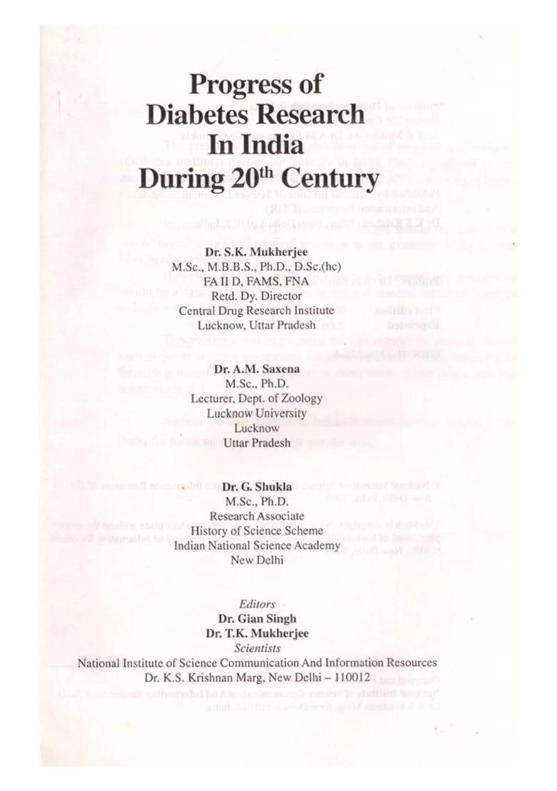 Progress of Diabetes Research in India During 20th Century - Indya