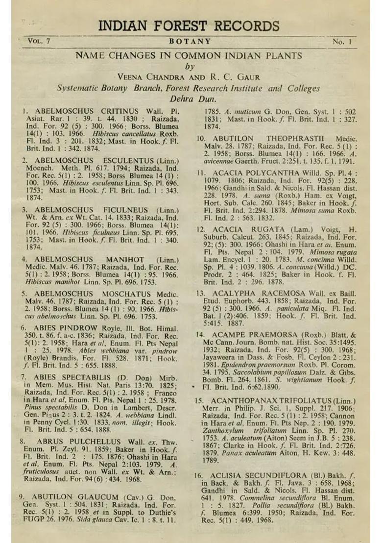 Name Changes In Common Indian Plants Indian Forest Records Botany Vol-7 (An Old and Rare Book) - Indya