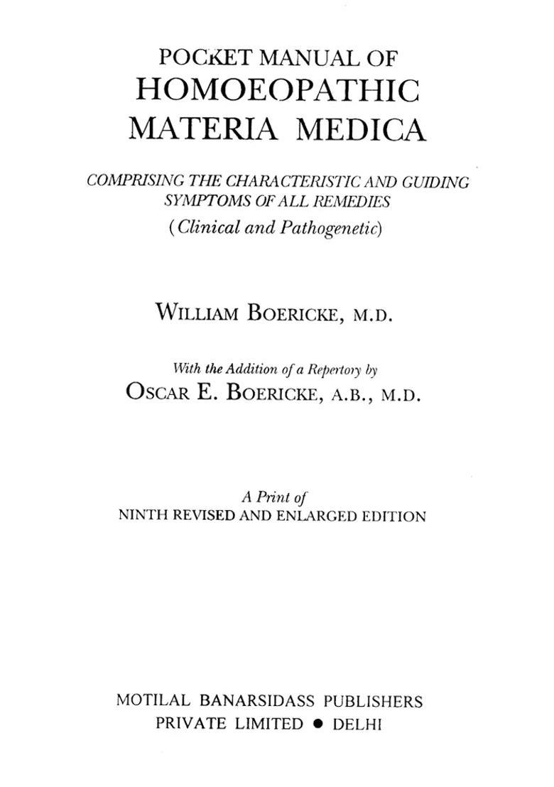 Pocket Manual of Homoeopathic Materia Medica Comprising the characteristic and Guiding Symptoms of all Remedies (Clinical and Pathogenetic) - Indya