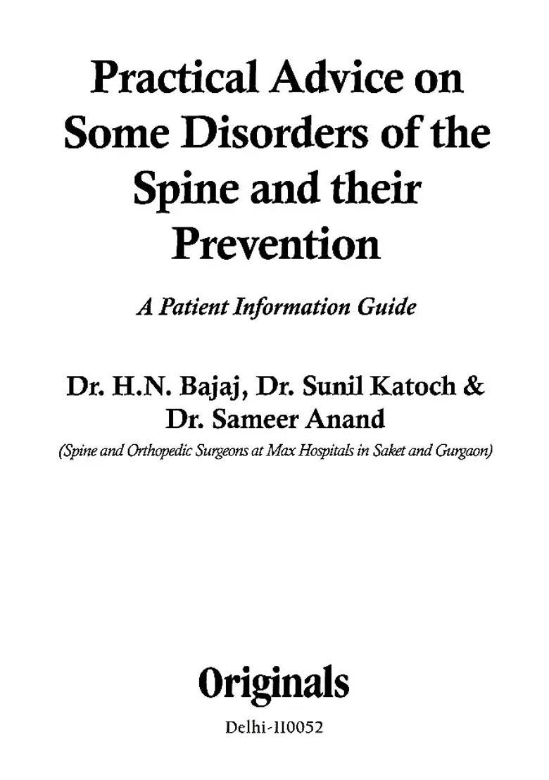 Practical Advice on Some Disorders of the Spine And Their Prevention (A Patient Information Guide) - Indya