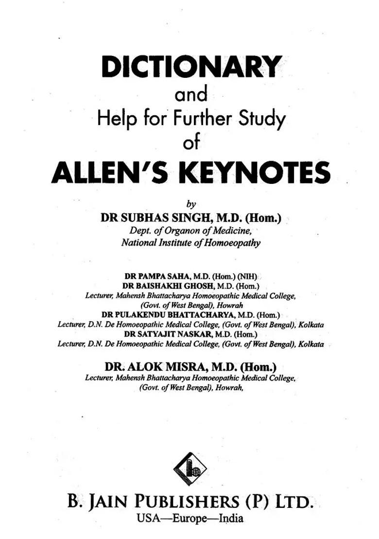 Dictionary and Help for Further Study of Allens Keynotes - Indya