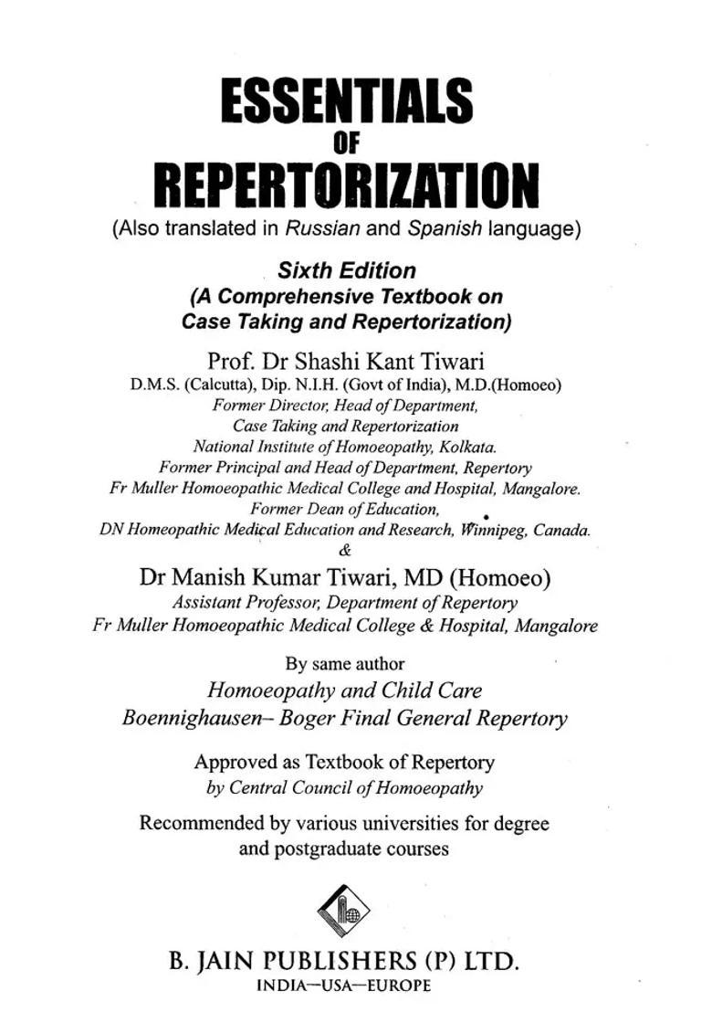 Essentials of Repertorization-Also Translated in Russian and Spanish Language-A Comprehensive Textbook on Case Taking and Repertorization - Indya