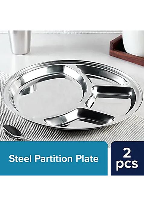 Bb Home Compartment Plate - Stainless Steel, Round Shape, 36 Cm , Silver, 2 Pcs