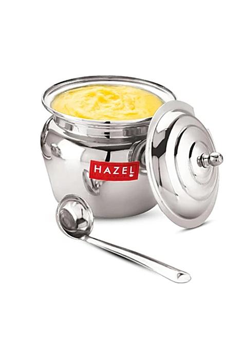 Hazel Stainless Steel Ghee Pot - Lotus Shaped, Food Grade, For Storing, Serving, 300 Ml (1 Pc)