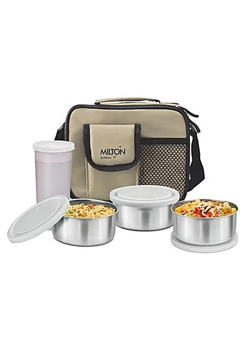 Milton Steel Combi Cream Tiffin Box Set - With Bag, 350 Ml Set Of 4