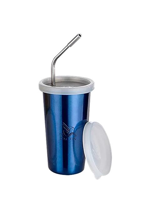 Pddfalcon Stainless Steel Straw Glass - Leakproof Travel Lid, Blue, 370 Ml