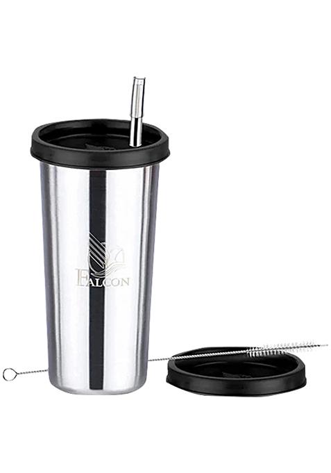 Pddfalcon Sipper Straw Glass - With Brush And Black Lid, Superior Mirror Finish, 520 Ml