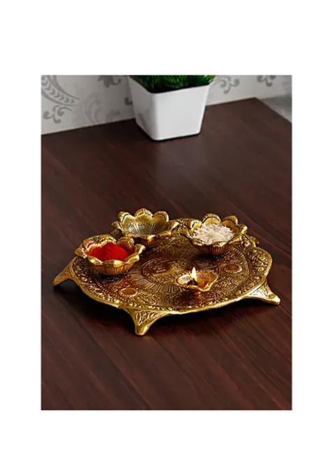 Ecraftindia Swastik Golden Metal Pooja Thali With 3 Bowls 1 Diya 1 Pc