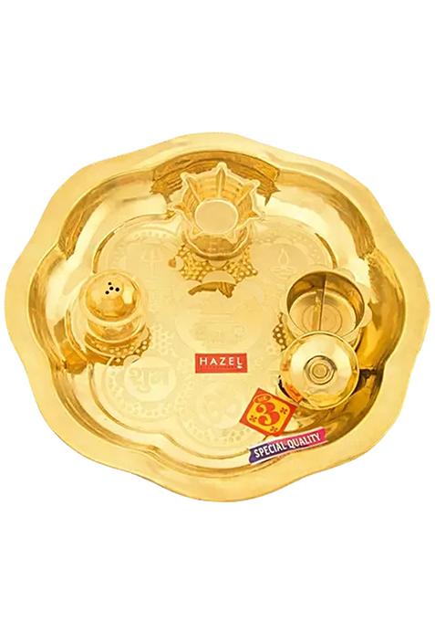 Hazel Brass Puja Thali With Diya And Sindoor Wati 235 Cm Golden Antique Elegant Design 1 Pc