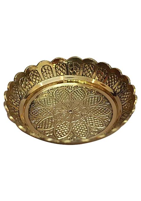 Klassic Puja Thali Gold Brass 4 Inch Medium With Flower Engraved Design For Home Office Decoration Gifting 1 Pc