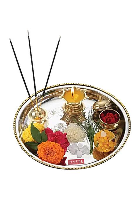 Hazel Stainless Steel Puja Pooja Aarti Thali Set 22 Cm With Diya Agarbatti Incense Holder Kumkum Vati Silver 1 Pc