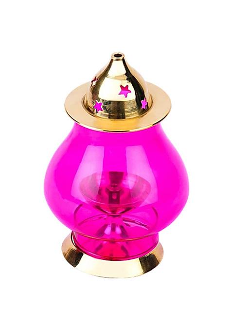 Prime Metal Designer Brass Jyot With Borosilicate Pink Glass 1 Pc