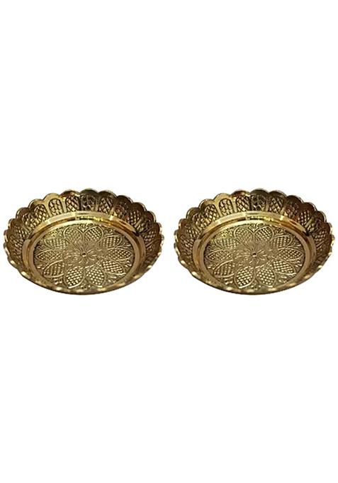 Klassic Puja Thali With Flower Engraved Design Gold Brass 4 Inch For Home Office Decoration Gifting 2 Pcs