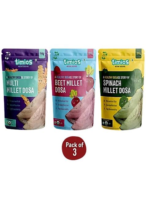 Timios Organic Dosa Mix Multi Millet + Spinach + Beetroot 450 g (3 Pcs X 150 g Each)