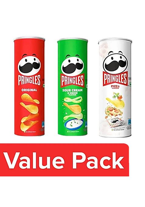 Pringles Potato Chips Original + Sour Cream And Onion + Pizza Flavour Snacks Combo, Combo 3 Items