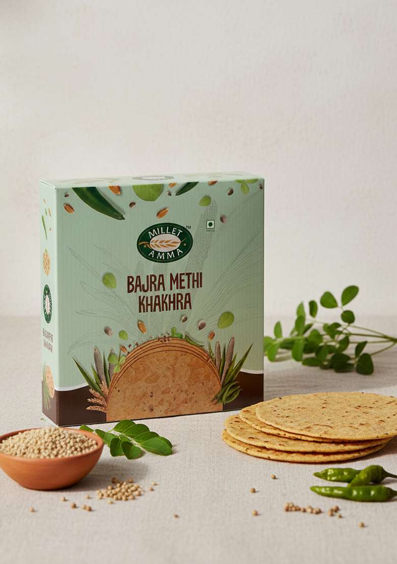Millet Amma Bajra Methi Khakhra Pack Of 2 180G Each Baked No Added Preservatives Full Fiber 70 Content Ready To Eat Snacks Healthy Foods Vegan - Indya