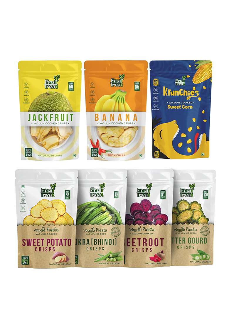 Fruit Treat Special Healthy Vacuum Fried Snack Combo - (Pack of 7) | Jackfruit Natural, Bhindi, Banana Chilli, Sweet Corn, Beetroot, Bitter Gourd and Sweet Potato Crunchies| Nutritious Healthy Snacks - Indya