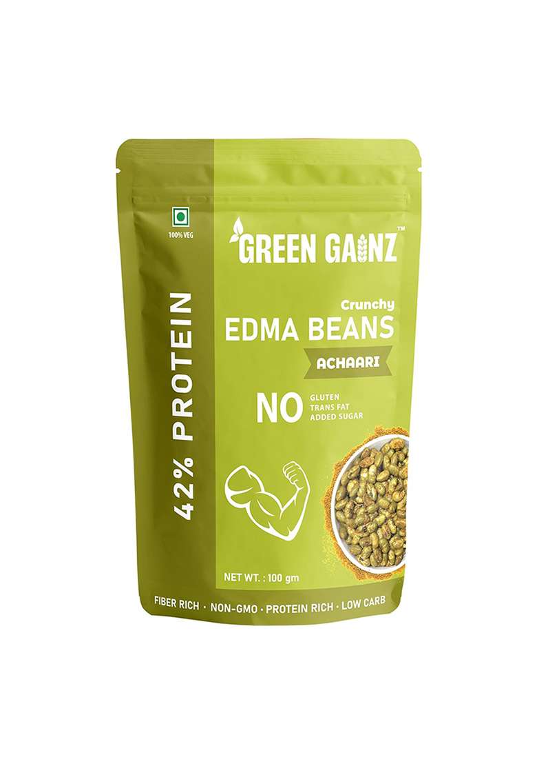 Green Gainz Roasted Edamame Achaari Flavour 100gm | Healthy Namkeen Snacks | 100% Veg Protein Rich Snack | Fiber Rich | No Palm Oil | Roasted, Not Fried - Indya
